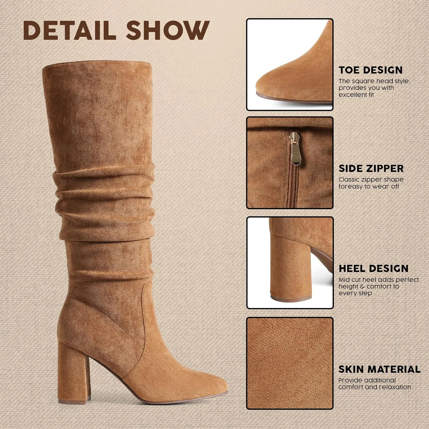 Eteridrey Knee High Boots Womens Chunky Heels Side Zipper Slouchy Boots Comfortable Faux Suede Riding Mid Calf Boots