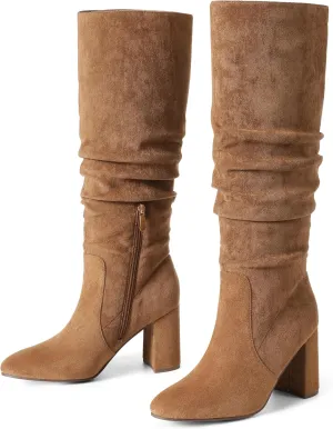 Eteridrey Knee High Boots Womens Chunky Heels Side Zipper Slouchy Boots Comfortable Faux Suede Riding Mid Calf Boots