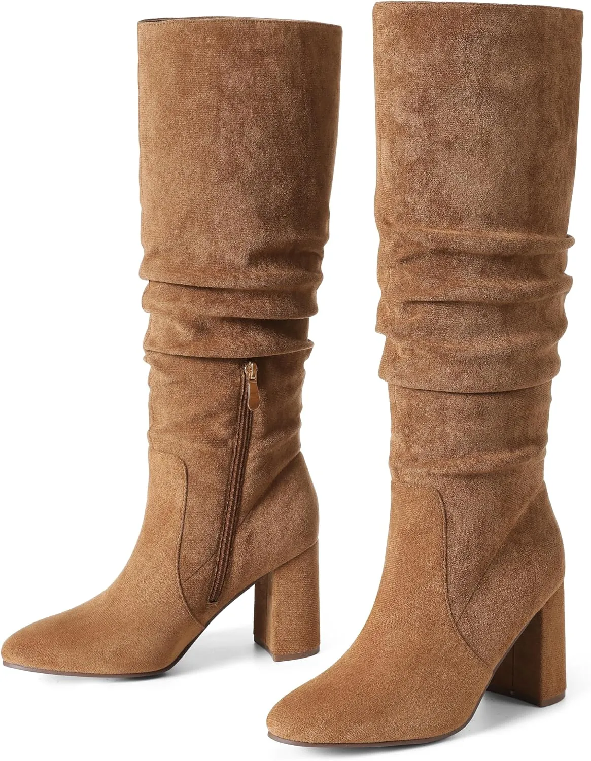 Eteridrey Knee High Boots Womens Chunky Heels Side Zipper Slouchy Boots Comfortable Faux Suede Riding Mid Calf Boots