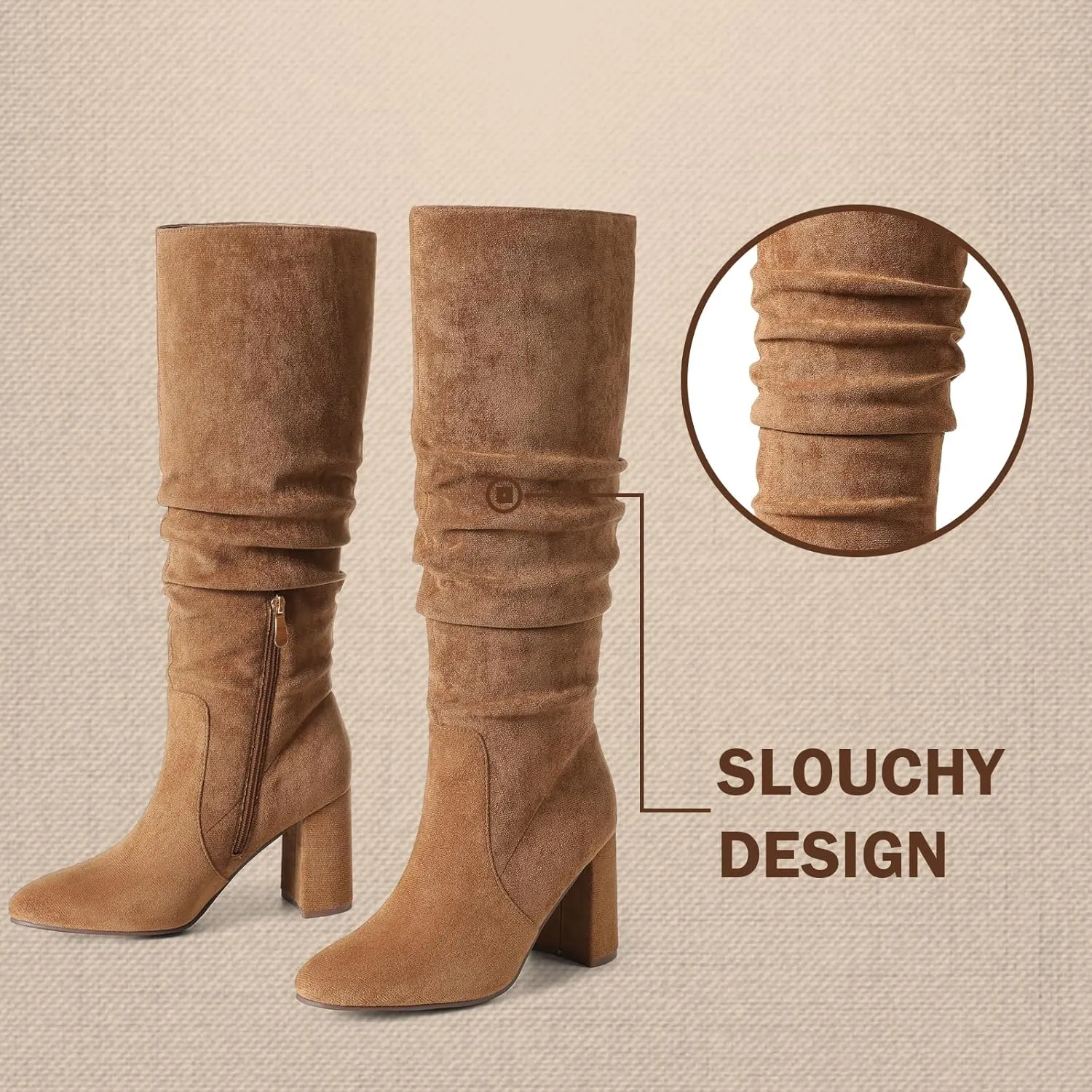 Eteridrey Knee High Boots Womens Chunky Heels Side Zipper Slouchy Boots Comfortable Faux Suede Riding Mid Calf Boots