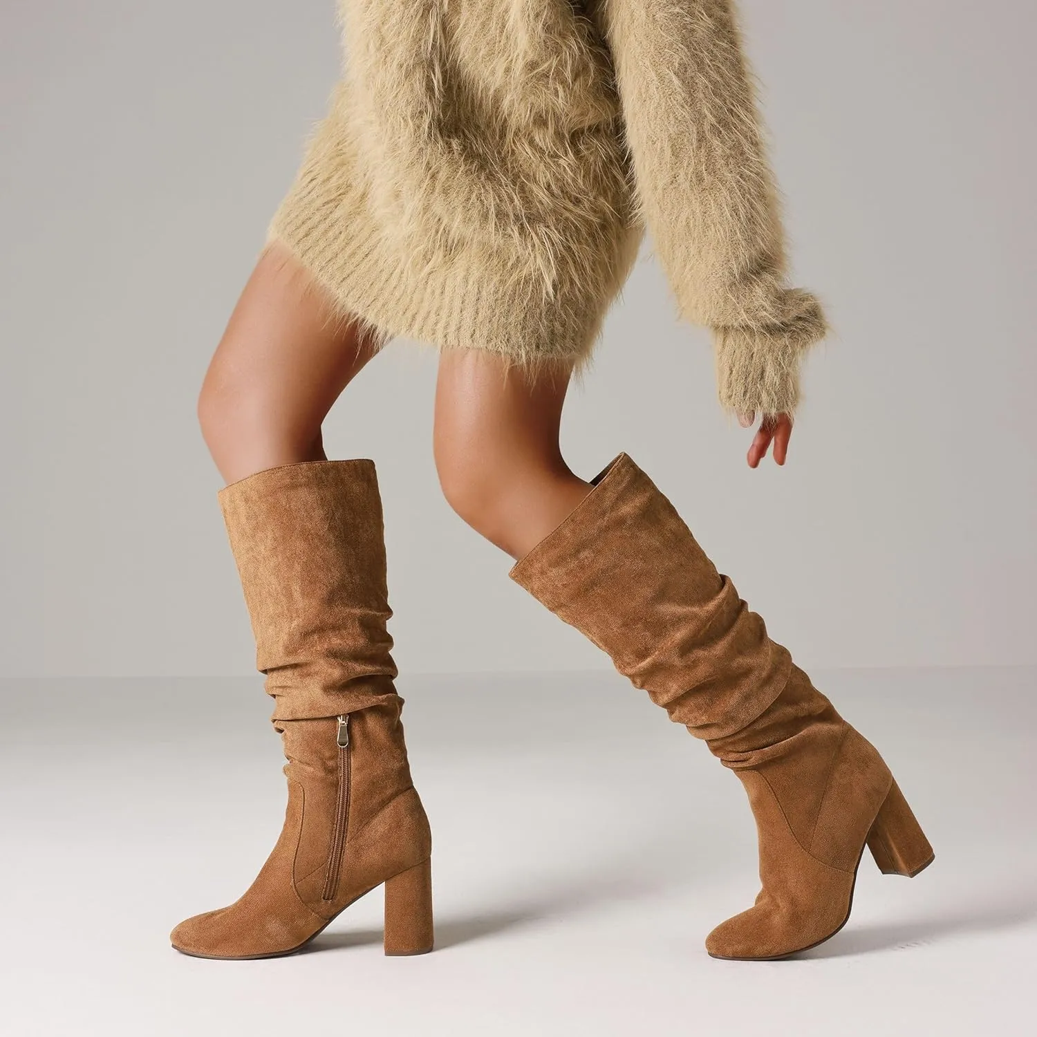 Eteridrey Knee High Boots Womens Chunky Heels Side Zipper Slouchy Boots Comfortable Faux Suede Riding Mid Calf Boots