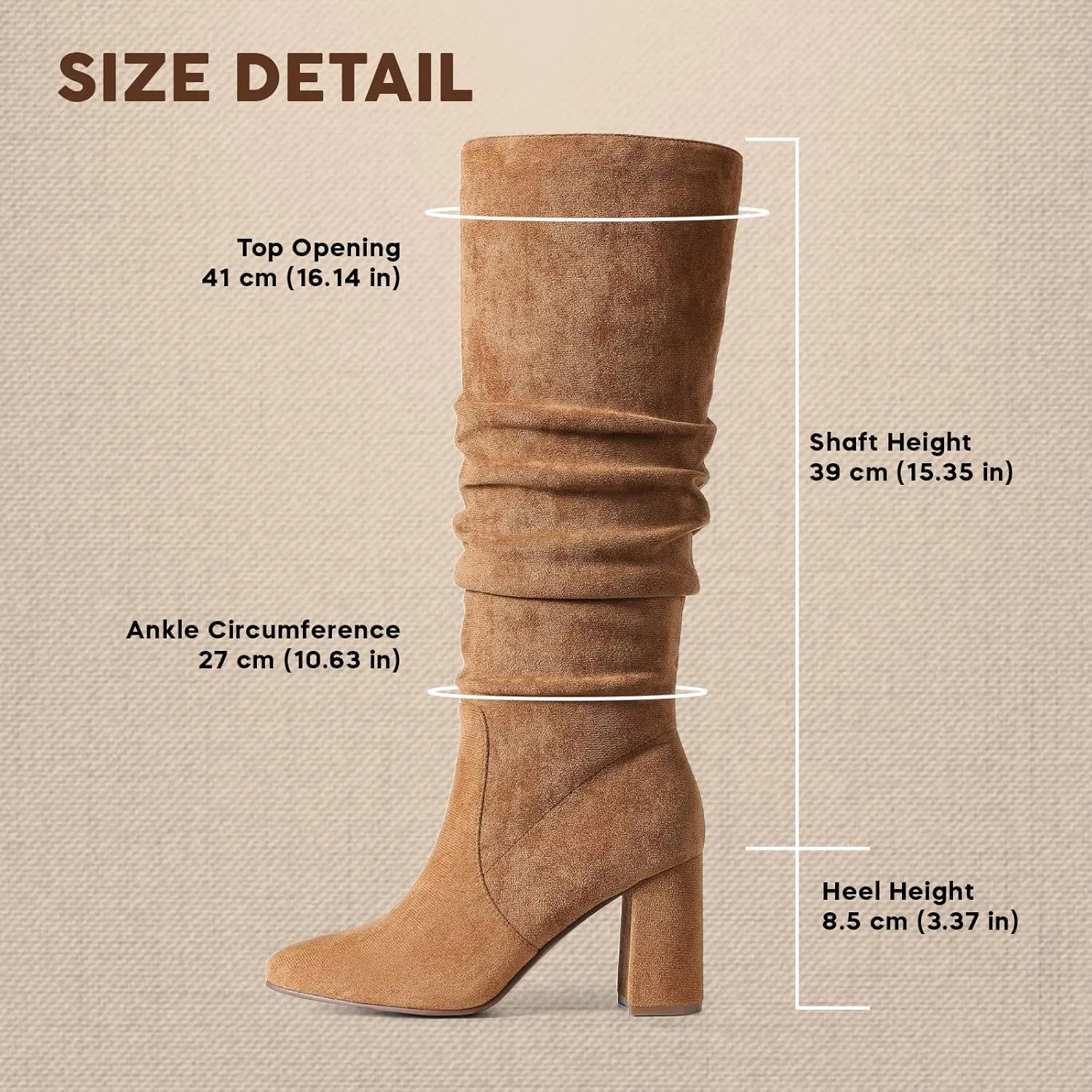 Eteridrey Knee High Boots Womens Chunky Heels Side Zipper Slouchy Boots Comfortable Faux Suede Riding Mid Calf Boots