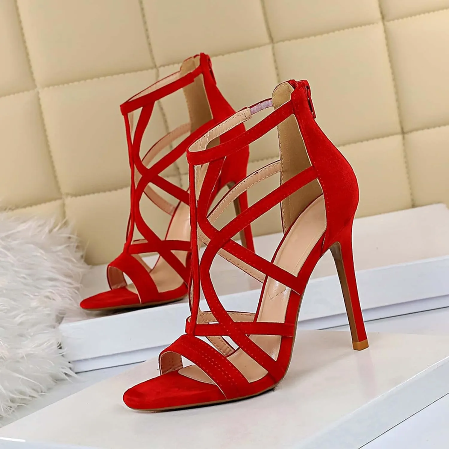 JOEupin Womens Fashion High Heel Sandals Peep Toe Hollow-out Gladiator Stiletto Pumps Dress Shoes with Zip