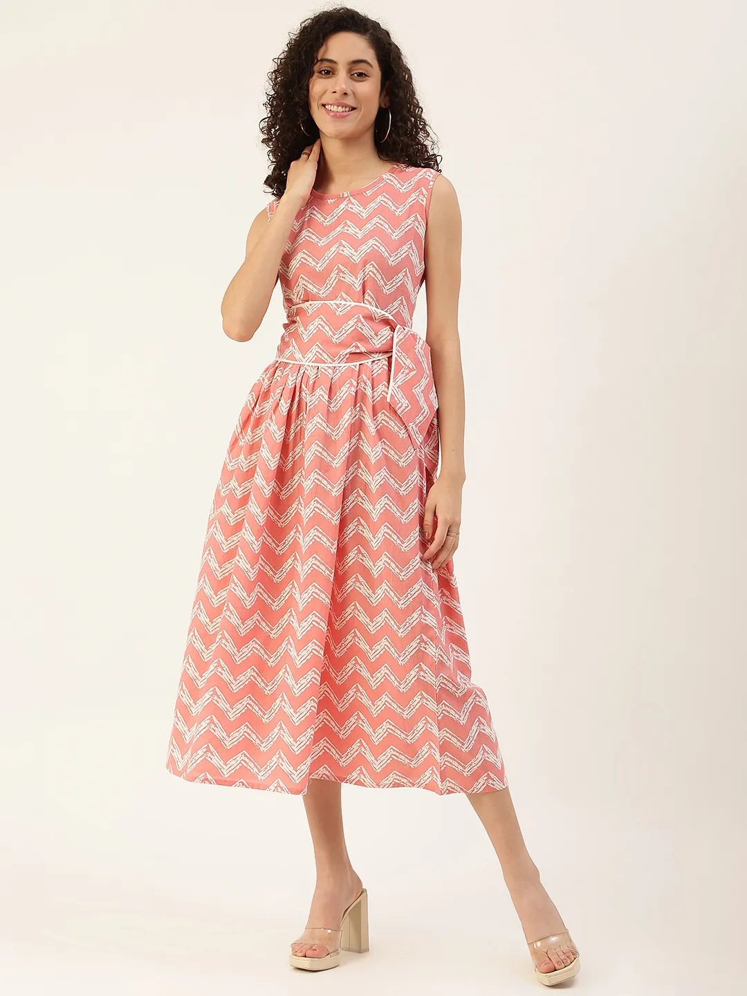 Pure Cotton Printed Off White A-line Dress With Belt