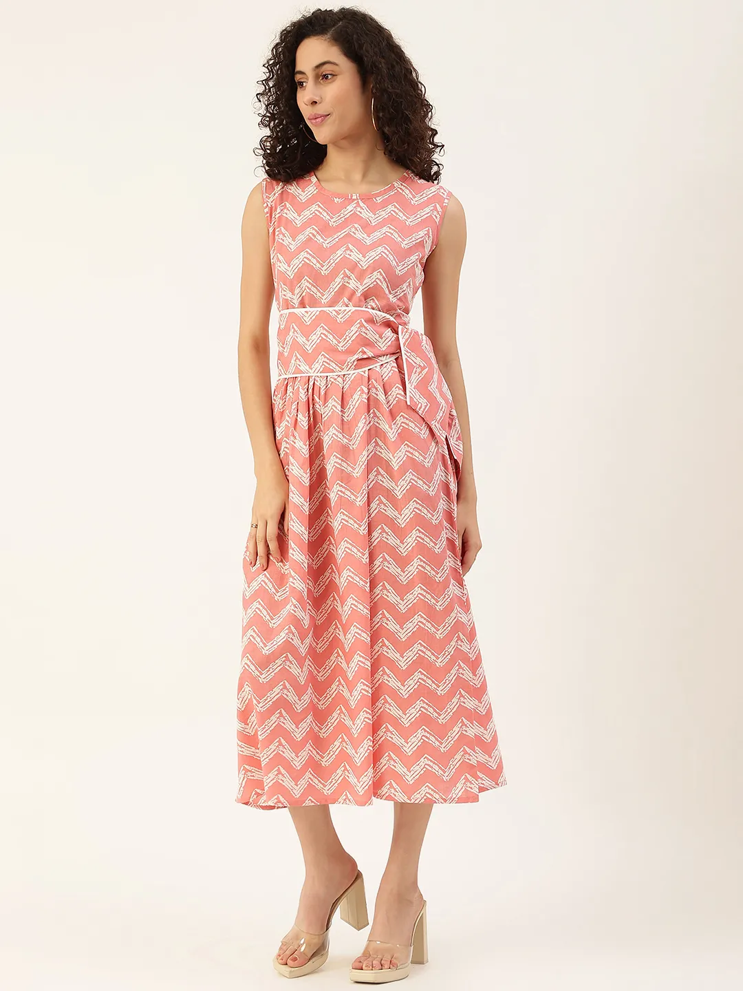 Pure Cotton Printed Off White A-line Dress With Belt
