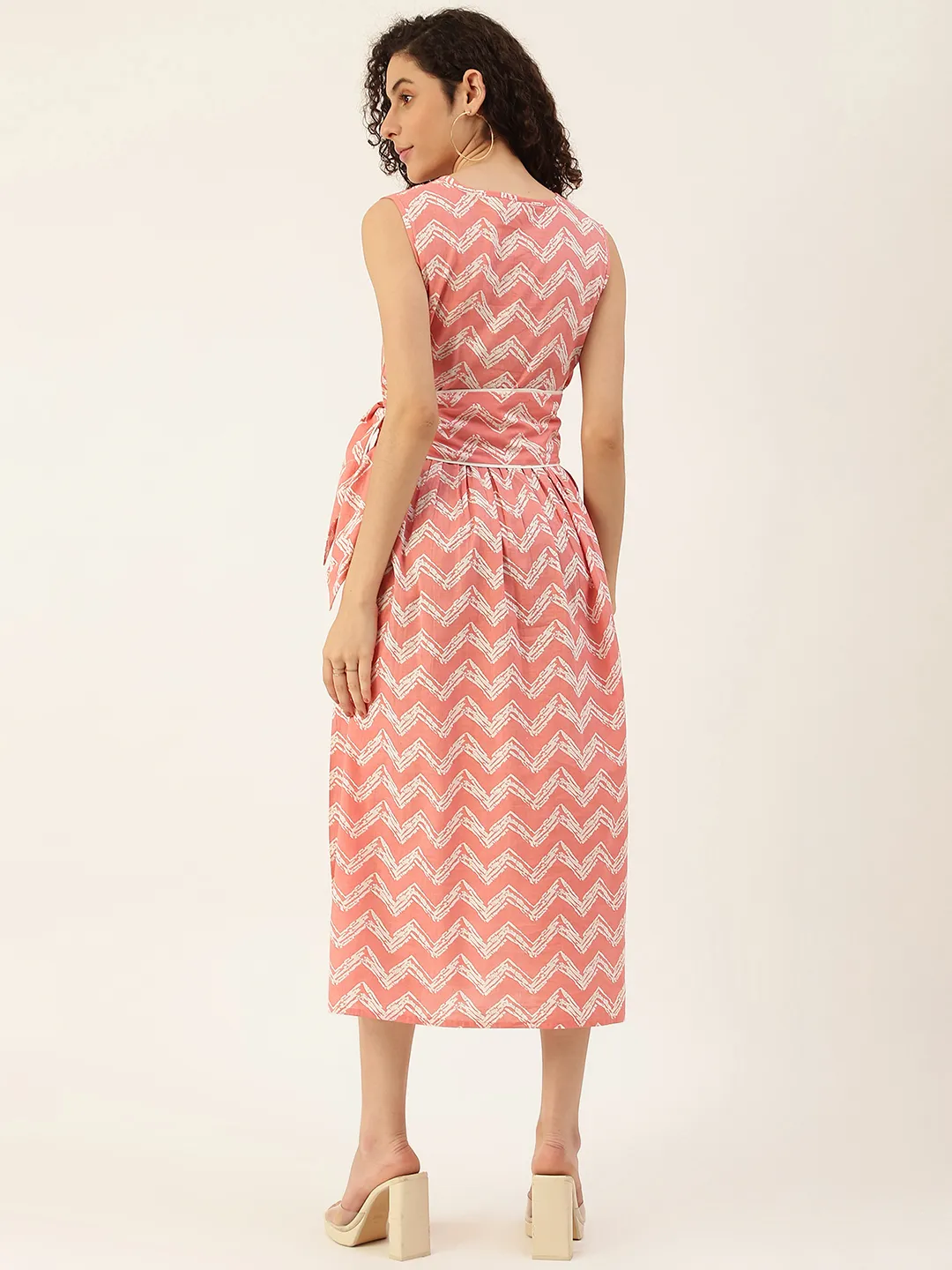 Pure Cotton Printed Off White A-line Dress With Belt