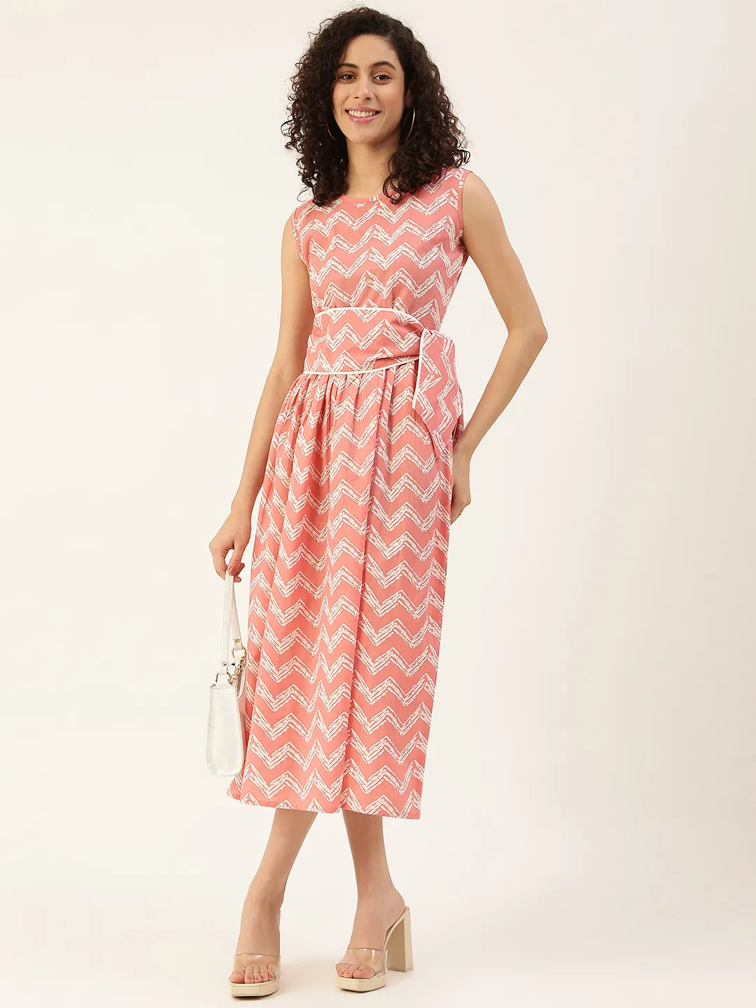 Pure Cotton Printed Off White A-line Dress With Belt
