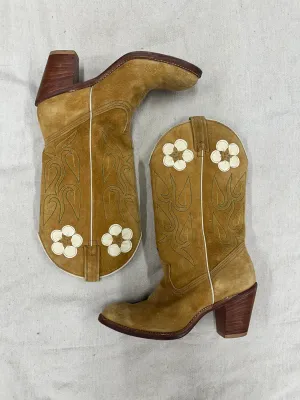 Vintage Floral Brown Suede Stacked Heel Cowboy Boots