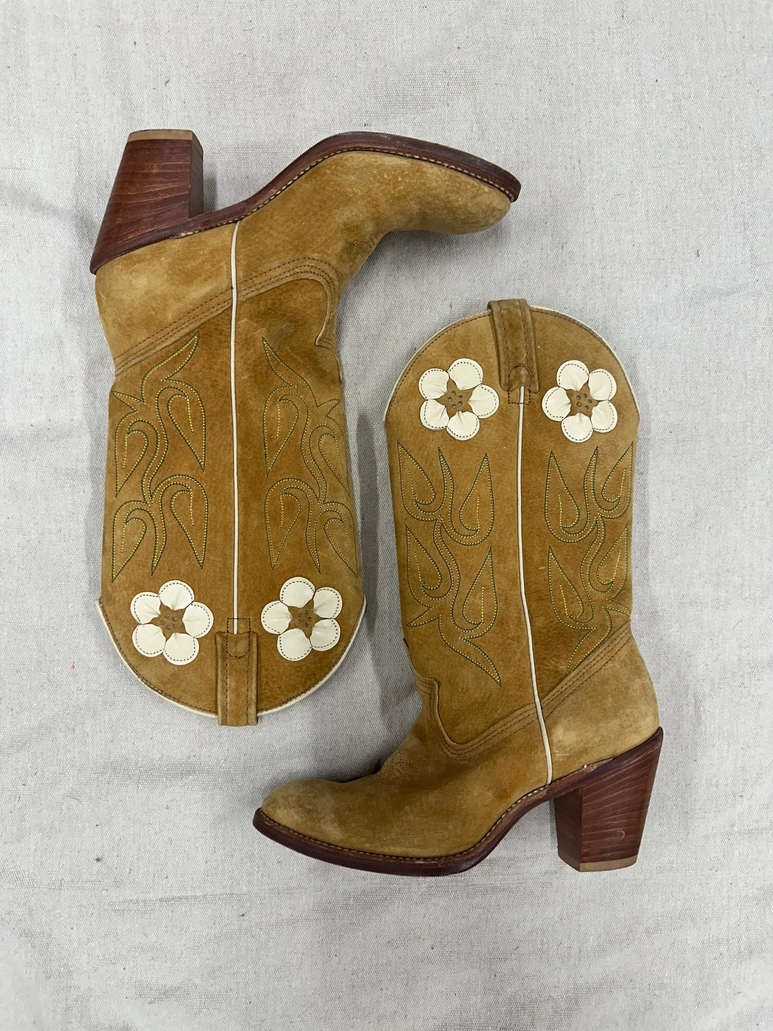 Vintage Floral Brown Suede Stacked Heel Cowboy Boots