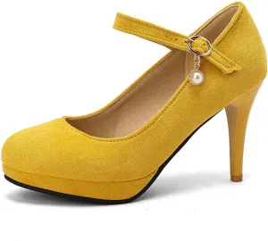 Women's Platform Stiletto Mary Jane Pumps Faux Suede Comfort Pearl Buckle Round Toe High Heel Shoes