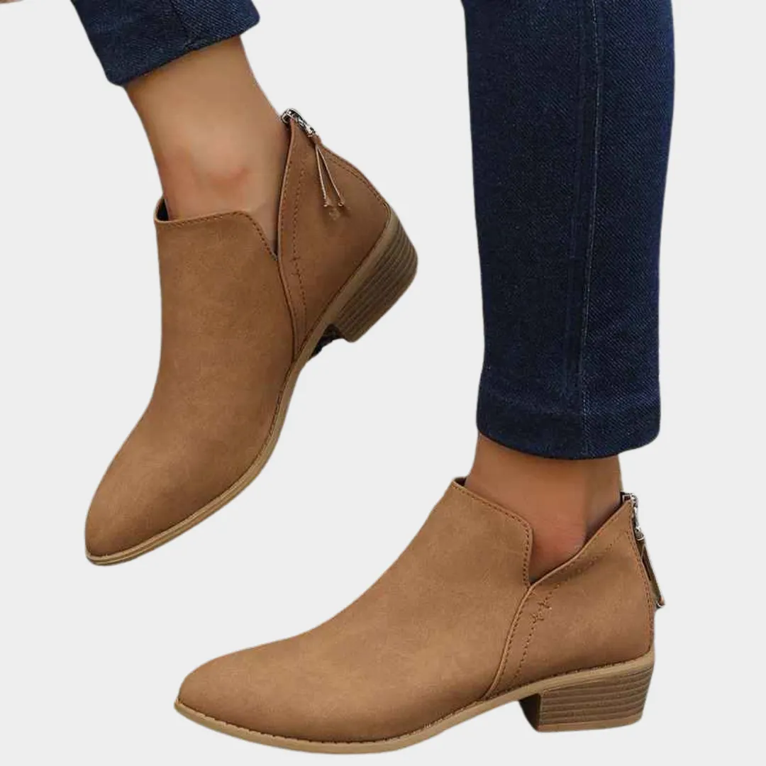 Women's Suede Ankle Boots - Pointed Toe Thick Heel Booties - Zipper Closure - Multiple Colours